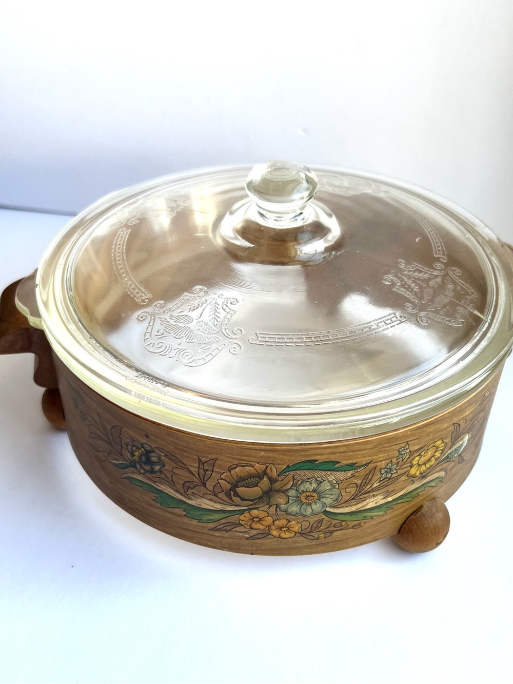 VTG Glasbake Floral Glass Casserole Dish Handmade Wood Base
